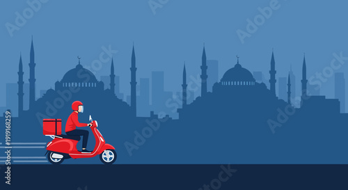 Red scooter delivery person in motion with city skyline.