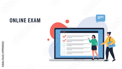 Online exam concept with two students looking at a digital test on a large laptop screen for remote higher education.