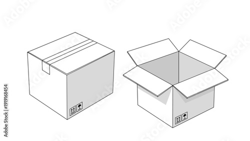 Set of two cardboard boxes with one being tightly sealed with tape and the other open to show the interior for shipping needs.