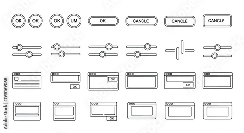 A collection of various interface icons and buttons for user interaction, including checkboxes, radio buttons, and confirmation prompts, depicted in a simple line drawing style on a white