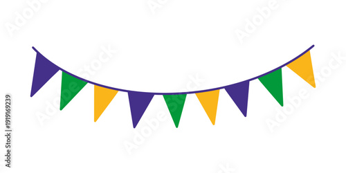 Colorful Mardi Gras bunting garland with purple, green, and gold triangular flags. Festive decoration for carnival party and parade. Mardi Gras Carnival festive decorative bunting flags, pennants.