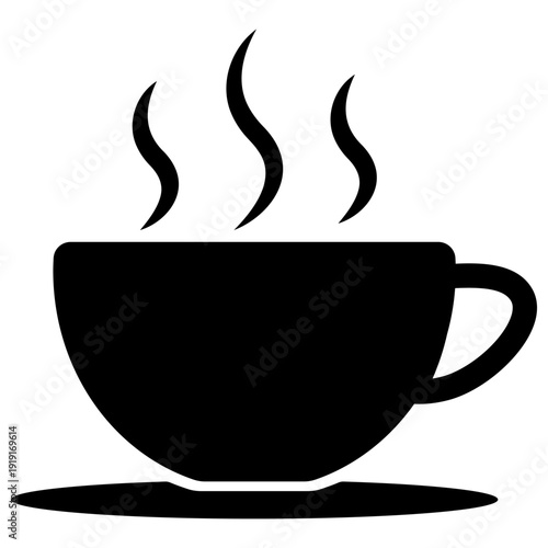 steam hot black coffee icon with saucer on white.