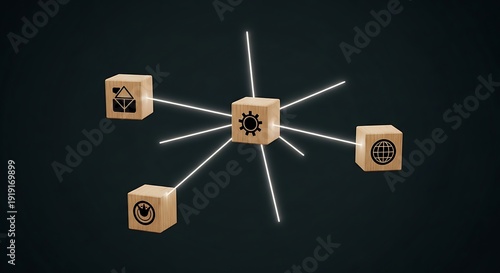 A network of connected wooden blocks with various symbols on a dark background