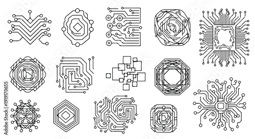Collection of intricate circuit board designs on a white background in black and white.