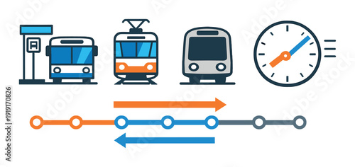 Public transport route and timetable icons set with bus tram train station clock for transit planning map app and schedule background