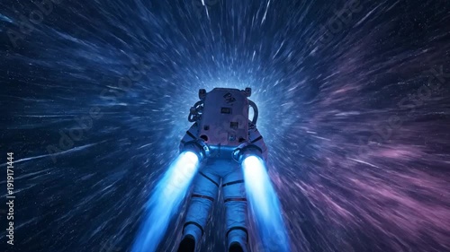 Rear view of astronaut flying fast with jetpack through warp speed tunnel in outer space