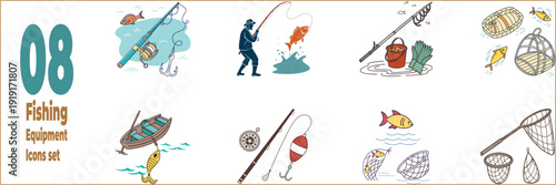 Fishing Equipment Icons Set with Rod Net Boat Fish and Tackle Vector Illustration.