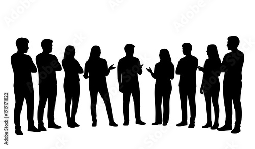 Young adult group conversation semicircle black silhouette flat vector illustration