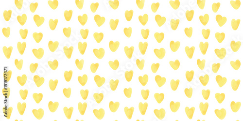 Seamless pattern of hand painted yellow hearts on white background. Minimal watercolor texture perfect for wrapping paper, fabric print, stationery and romantic designs.