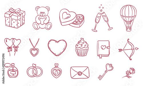 Valentine themed outline icon set in red line art style. Romantic elements including gifts, hearts, sweets, jewelry and love symbols for cards, stickers and holiday design.