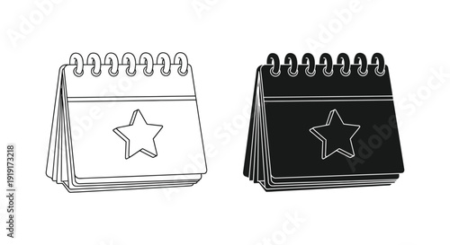 Two spiral bound calendars are depicted one white and one black each showcasing a star design a silhouette