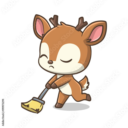 Diligent Cartoon Deer Character Sweeping Floor With Broom Daily Activity Illustration