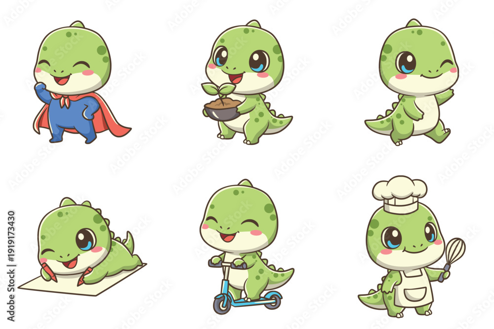 Fototapeta premium Set of Six Kawaii Baby Green Dinosaur Characters with Hobby and Profession Poses Vector