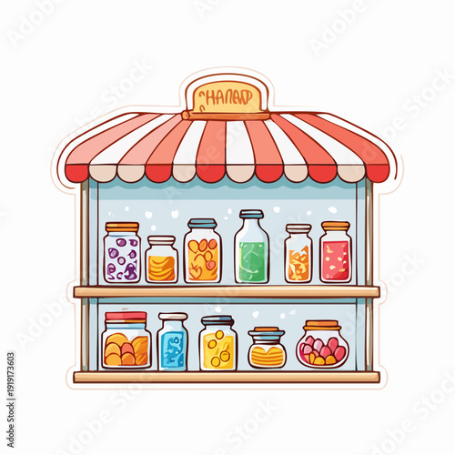 Charming Farmers Market Stall with Assorted Jars of Preserves and Produce.