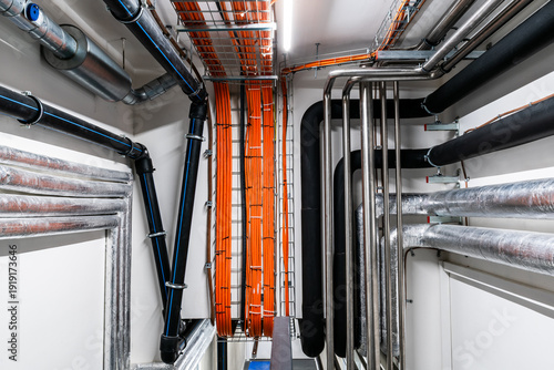 Industrial cable trays with organized electrical wiring installation