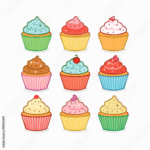 Collection of colorful cupcakes with various toppings.
