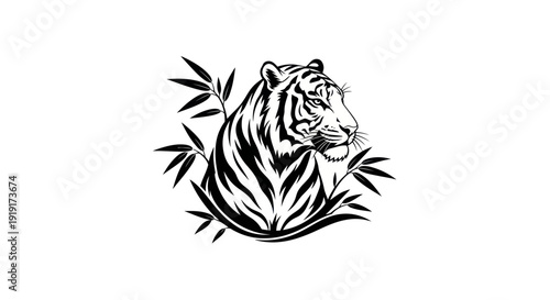 Tiger portrait with bamboo illustration