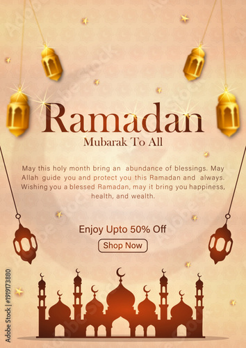 Ramadan Mubarak sale banner with golden lanterns and palm tree silhouettes, Luxury Islamic Ramadan Kareem greeting card with 50% discount offer, Elegant grey and gold Ramadan promotion poster with spa