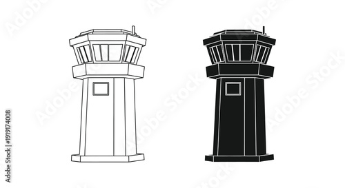 A pair of contrasting air traffic control towers are depicted in a minimalist linear style silhouette high quality professional