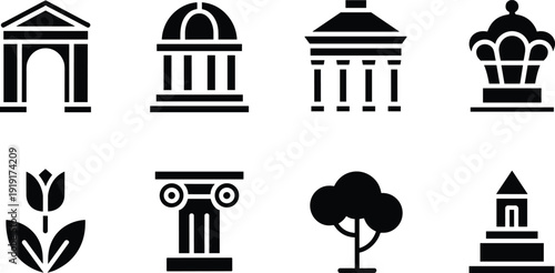 Black and white architecture icon set, classical buildings, museum, courthouse, column, monument, tree and crown silhouette vector collection