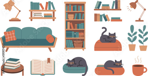 Cozy living room interior illustration set, sofa, bookshelf, cat, plants, coffee cup and lamp flat vector collection
