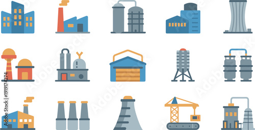 Industrial and manufacturing factory icon set, power plant, refinery towers, cooling towers, storage tanks, crane construction flat vector collection