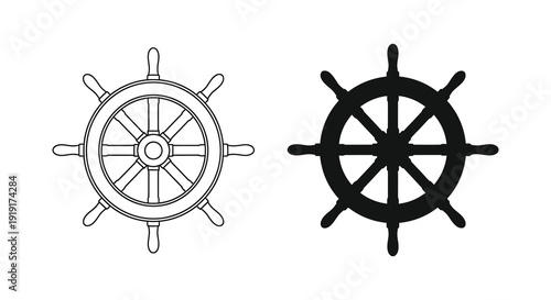 Two depictions of a ship s wheel are shown one outlined and the other a solid black silhouette high quality