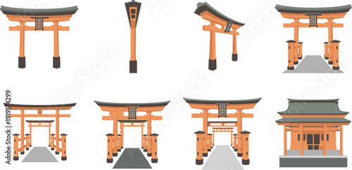 Japanese torii gate icon set, traditional Shinto shrine entrance, Fushimi Inari style red gates flat minimalist vector illustration collection