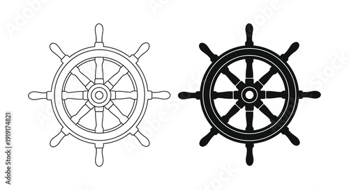 Two nautical ship wheels are presented one outlined and one solid black creating a striking silhouette high quality professional