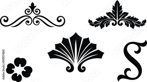 set of four black ornaments and letters on transparent background