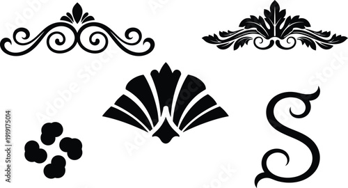 Set of ornate decorative elements and shapes in black on white background