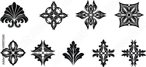 Set of ornate floral designs and patterns with swirling lines and shapes