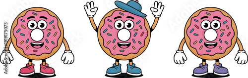 Set of cartoon donuts with different poses and colorful sprinkles on white background  happy smiling donuts with anthropomorphic features