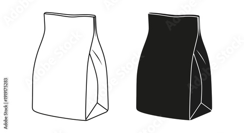 Two standing pouch style bags are depicted in contrasting black and white showcasing a minimalist design silhouette high quality professional