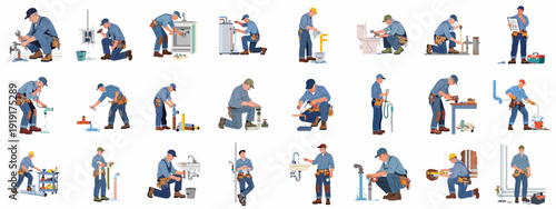 Professional Plumbers Working: A Set of Illustrations Depicting Various Plumbing Repairs, Installations, and Maintenance Tasks.