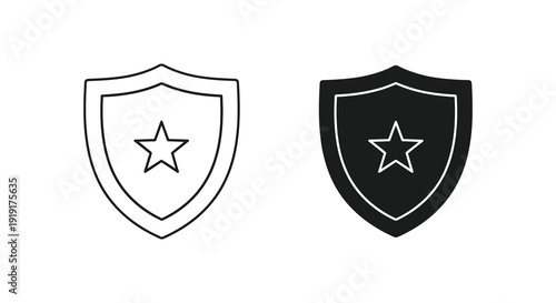 Two shield icons one white outline and one black fill each featuring a central star silhouette high quality professional