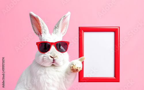 easter bunny with blank sign. easter bunny pointed to a picture frame on pink background