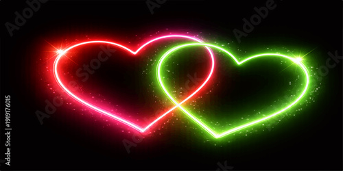 Romantic Neon Glowing Double Heart Love Light Effect on Black Background