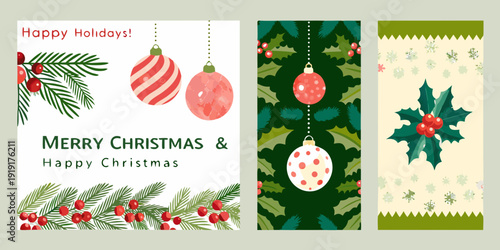 Festive holiday card designs featuring ornaments holly and christmas greetings