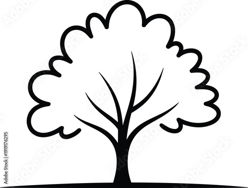 A black and white outline of a tree with a full canopy and visible branches on a plain background