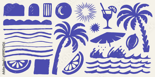 Whimsical blue illustration featuring summer elements and abstract shapes