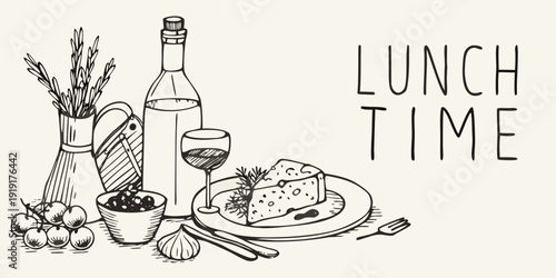 A sketched lunch setting with wine cheese and fresh produce