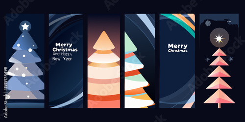 Festive christmas bookmarks with stylized trees and holiday greetings