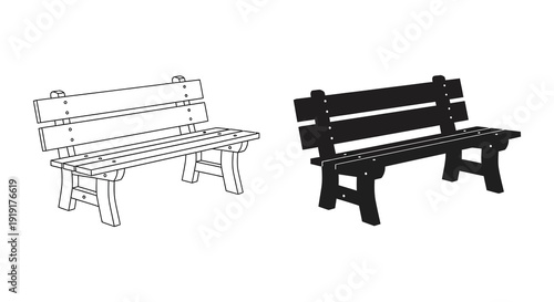 Two wooden park benches are displayed one with linework and the other a solid black shape silhouette high quality