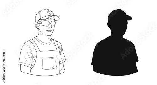 A detailed line drawing of a worker contrasts with a bold solid black silhouette of the same figure