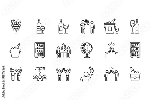 Collection of simple line icons related to wine, including grapes, bottles, glasses, and celebrations.