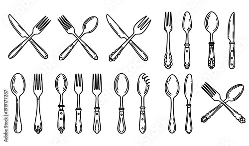Black Line Fork and Spoon Icon Collection Vector Dining Cutlery Illustration Set
