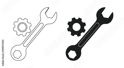 A pair of wrenches and gears are depicted in both outline and solid black styles a silhouette high quality