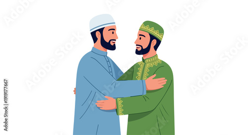 Two men in traditional attire embracing each other in a friendly gesture against a plain white background with a warm and peaceful mood.