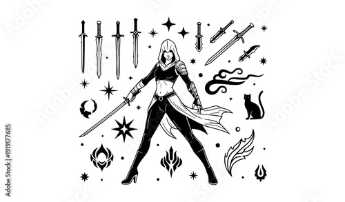 Dark fantasy female assassin monochrome vector artwork